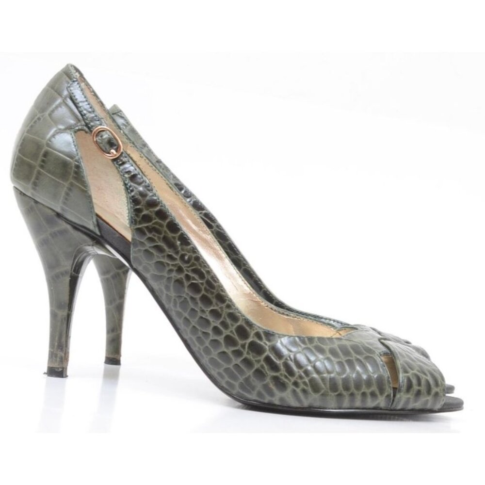 Nine West Brightgirlo Green Leather Alligator Print Peep Toe Heel Pump Size 8M - Picture 2 of 9